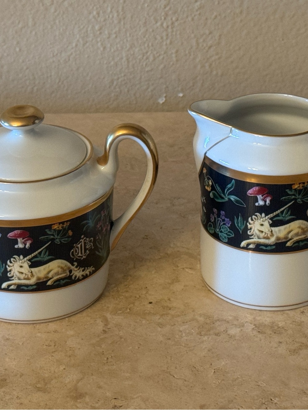 Dior White Porcelain Marked 'Licorne' with Gold Stamp Creamer and Sugar.